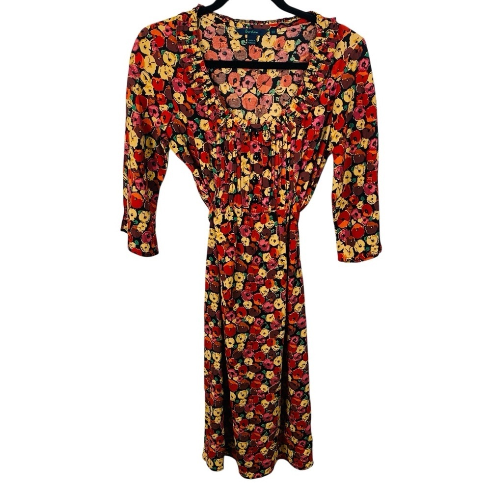 Boden US 6R Red Yellow Floral Midi Prairie Cottagecore Dress Sash Scoop Pintuck